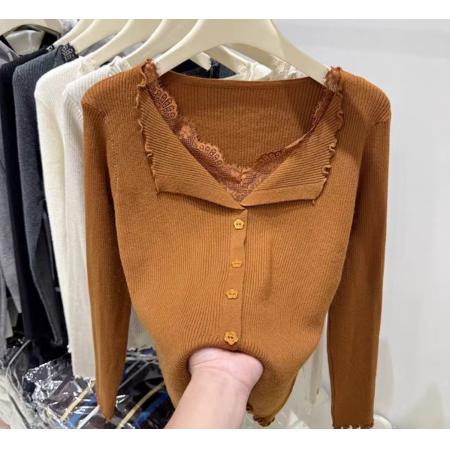 FA47884# 秋冬韩版甜美温柔V领蕾丝木耳边安迪绒针织开衫毛衣外套 服裝批發女裝批發服飾貨源