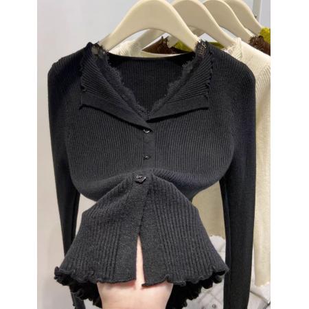 FA47884# 秋冬韩版甜美温柔V领蕾丝木耳边安迪绒针织开衫毛衣外套 服裝批發女裝批發服飾貨源