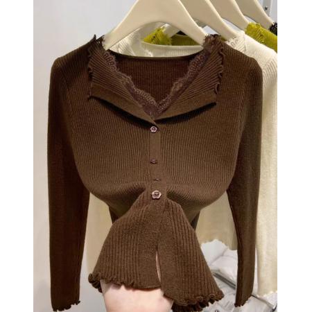 FA47884# 秋冬韩版甜美温柔V领蕾丝木耳边安迪绒针织开衫毛衣外套 服裝批發女裝批發服飾貨源