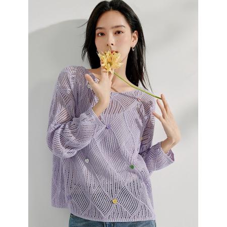 FA47888# 茵曼法式纽扣菱格镂空针织衫女春秋季新款淡人圆领长袖小罩衫 服裝批發女裝批發服飾貨源