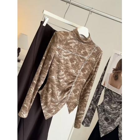 FA47890# 高级感半高领串珠水墨扎染不规则长袖T恤女早秋新款修身显瘦上衣 服裝批發女裝批發服飾貨源