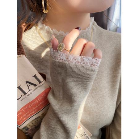 FA47893# 蕾丝半高领打底衫女秋冬内搭新款中领毛衣设计感修身针织上衣 服裝批發女裝批發服飾貨源