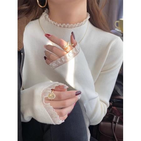 FA47893# 蕾丝半高领打底衫女秋冬内搭新款中领毛衣设计感修身针织上衣 服裝批發女裝批發服飾貨源