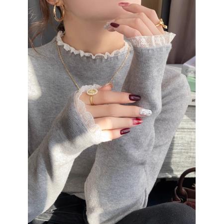 FA47893# 蕾丝半高领打底衫女秋冬内搭新款中领毛衣设计感修身针织上衣 服裝批發女裝批發服飾貨源