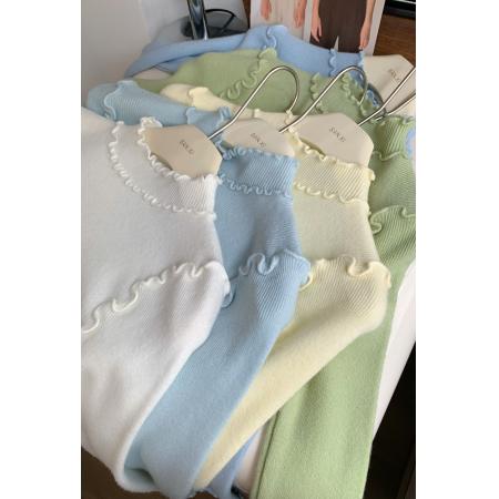 FA47898# 蓝色木耳边针织打底衫女秋冬新款半高领修身内搭上衣 服裝批發女裝批發服飾貨源