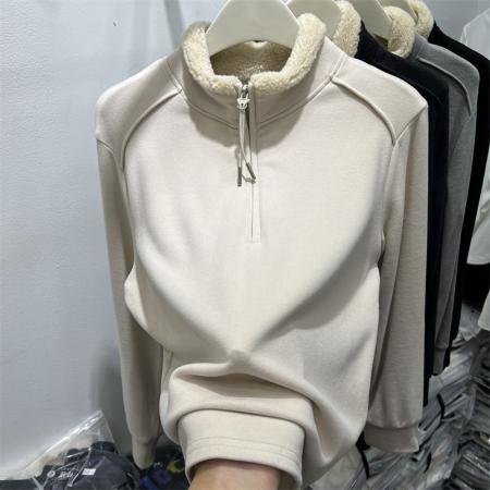 FA47903# 网红爆款胖mm大码女装秋冬百搭加厚德绒设计感半拉链卫衣女打底衫 服裝批發女裝批發服飾貨源