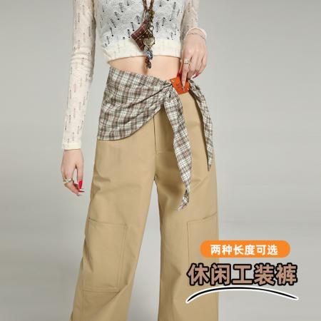 FA47904# 卡其色直筒休闲裤春秋季新款阔腿裤高腰百搭拖地裤工装裤女送丝巾 服裝批發女裝批發服飾貨源