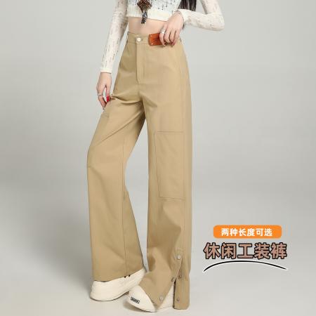 FA47904# 卡其色直筒休闲裤春秋季新款阔腿裤高腰百搭拖地裤工装裤女送丝巾 服裝批發女裝批發服飾貨源