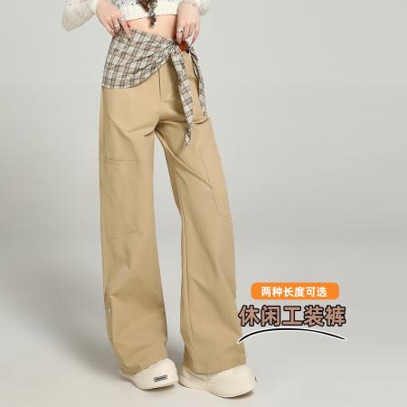 FA47904# 卡其色直筒休闲裤春秋季新款阔腿裤高腰百搭拖地裤工装裤女送丝巾 服裝批發女裝批發服飾貨源