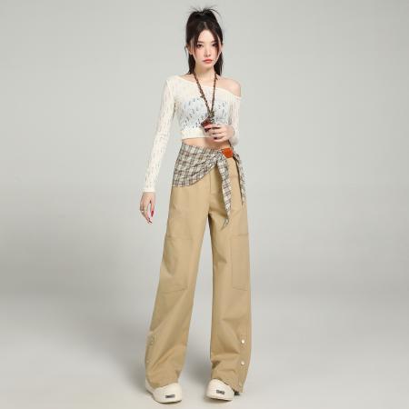 FA47904# 卡其色直筒休闲裤春秋季新款阔腿裤高腰百搭拖地裤工装裤女送丝巾 服裝批發女裝批發服飾貨源