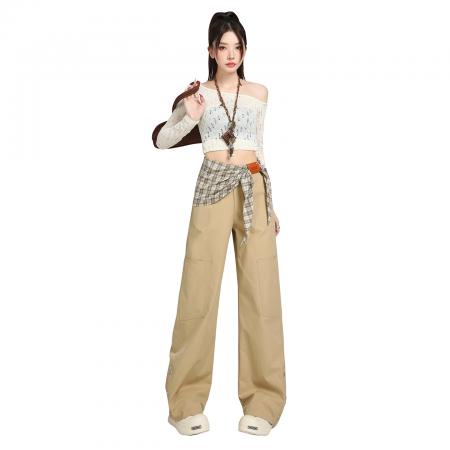 FA47904# 卡其色直筒休闲裤春秋季新款阔腿裤高腰百搭拖地裤工装裤女送丝巾 服裝批發女裝批發服飾貨源