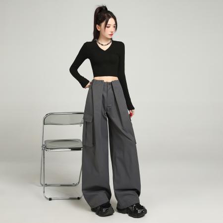 FA47905# 弯刀裤女装新款美式高腰工装裤休闲裤直筒垂感宽松阔腿裤 服裝批發女裝批發服飾貨源