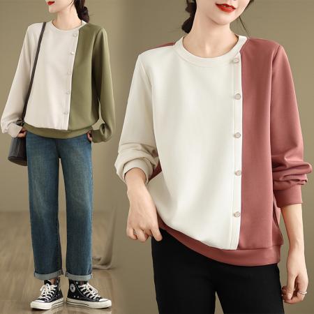 FA47923# 休闲简约拼接撞色卫衣女春季时尚百搭不规则设计文艺圆领上衣 服裝批發女裝批發服飾貨源
