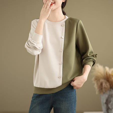 FA47923# 休闲简约拼接撞色卫衣女春季时尚百搭不规则设计文艺圆领上衣 服裝批發女裝批發服飾貨源