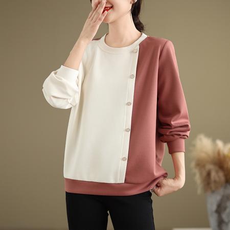 FA47923# 休闲简约拼接撞色卫衣女春季时尚百搭不规则设计文艺圆领上衣 服裝批發女裝批發服飾貨源