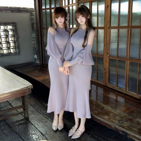 FA47926# 紫色露肩长袖针织连衣裙子女秋冬新款法式气质巨好看收腰长裙 服裝批發女裝批發服飾貨源