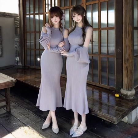 FA47926# 紫色露肩长袖针织连衣裙子女秋冬新款法式气质巨好看收腰长裙 服裝批發女裝批發服飾貨源