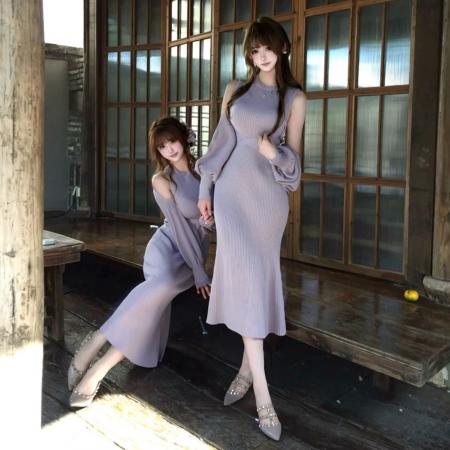 FA47926# 紫色露肩长袖针织连衣裙子女秋冬新款法式气质巨好看收腰长裙 服裝批發女裝批發服飾貨源