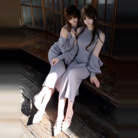 FA47926# 紫色露肩长袖针织连衣裙子女秋冬新款法式气质巨好看收腰长裙 服裝批發女裝批發服飾貨源