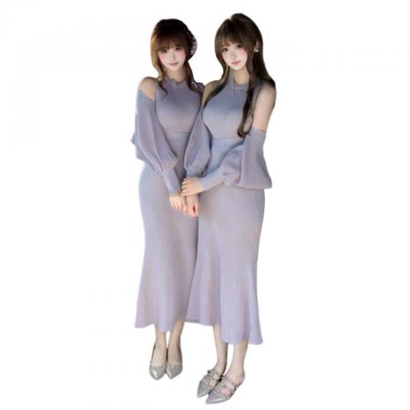 FA47926# 紫色露肩长袖针织连衣裙子女秋冬新款法式气质巨好看收腰长裙 服裝批發女裝批發服飾貨源