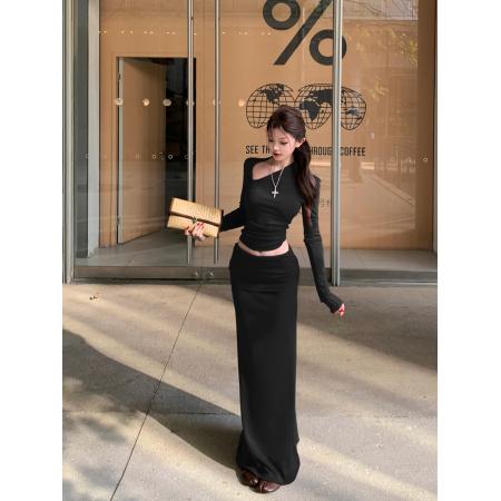 FA47928# 秋季性感不对称斜肩T恤上衣+包臀半身裙长裙两件套女 服裝批發女裝批發服飾貨源