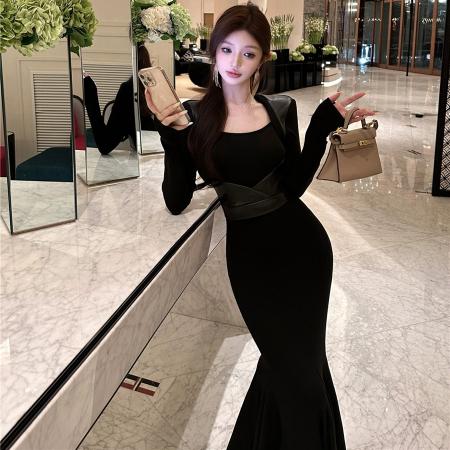 FA47929# 秋冬性感步步生莲高腰显瘦气质修身包臀鱼尾裙连衣裙长裙女 服裝批發女裝批發服飾貨源