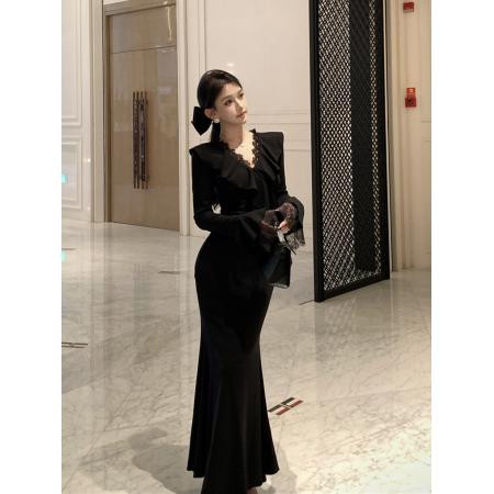FA47930# 复古性感V领蕾丝花边收腰显瘦包臀鱼尾裙连衣裙长裙女 服裝批發女裝批發服飾貨源
