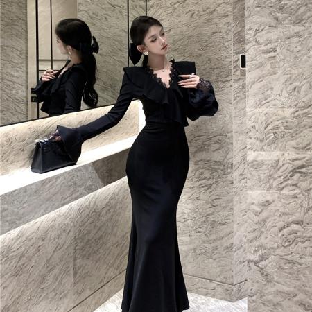 FA47930# 复古性感V领蕾丝花边收腰显瘦包臀鱼尾裙连衣裙长裙女 服裝批發女裝批發服飾貨源