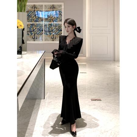 FA47930# 复古性感V领蕾丝花边收腰显瘦包臀鱼尾裙连衣裙长裙女 服裝批發女裝批發服飾貨源