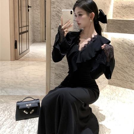 FA47930# 复古性感V领蕾丝花边收腰显瘦包臀鱼尾裙连衣裙长裙女 服裝批發女裝批發服飾貨源