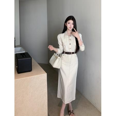 FA47931# 新款法式复古性感收腰显瘦气质工装连衣裙长裙子女 服裝批發女裝批發服飾貨源