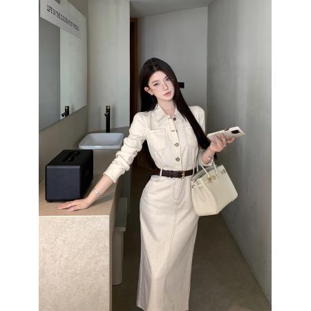 FA47931# 新款法式复古性感收腰显瘦气质工装连衣裙长裙子女 服裝批發女裝批發服飾貨源