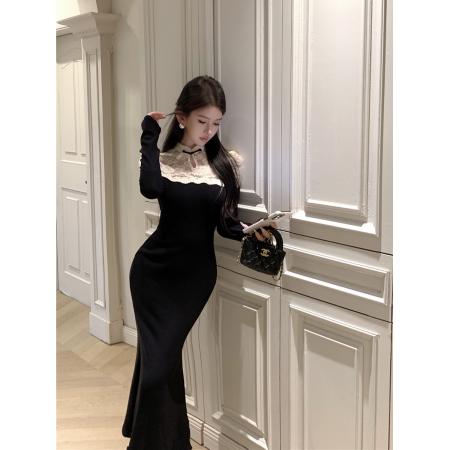 FA47932# 新中式复古旗袍蕾丝拼接御姐收腰显瘦连衣裙包臀鱼尾长裙女 服裝批發女裝批發服飾貨源