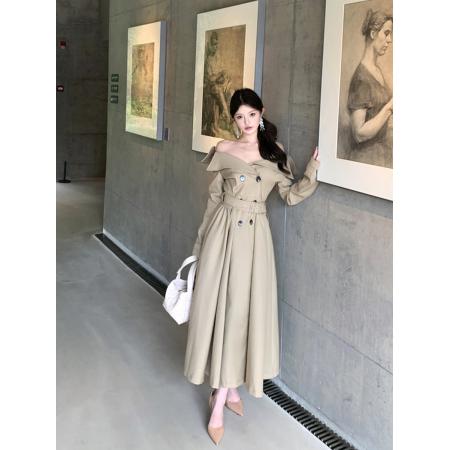 FA47933# 秋季气质大翻领双排扣收腰显瘦风衣长款外套连衣裙配腰带女 服裝批發女裝批發服飾貨源