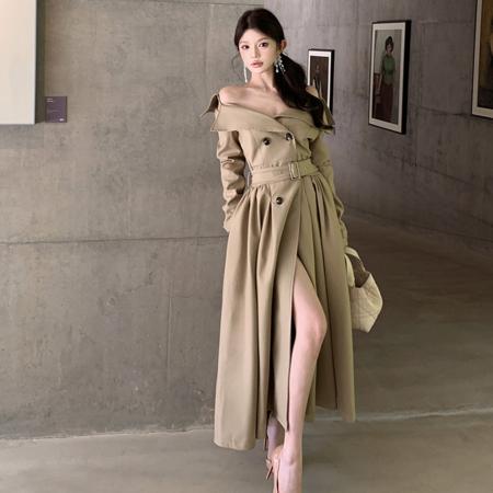 FA47933# 秋季气质大翻领双排扣收腰显瘦风衣长款外套连衣裙配腰带女 服裝批發女裝批發服飾貨源