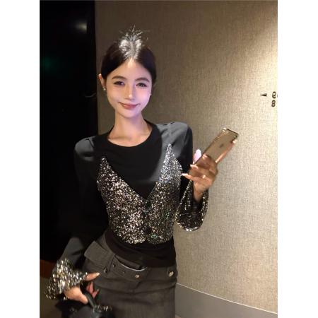 FA47934# 复古性感时尚修身显瘦假两件亮片拼接长袖T恤打底衫女 服裝批發女裝批發服飾貨源
