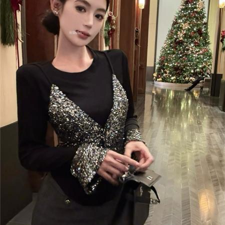 FA47934# 复古性感时尚修身显瘦假两件亮片拼接长袖T恤打底衫女 服裝批發女裝批發服飾貨源
