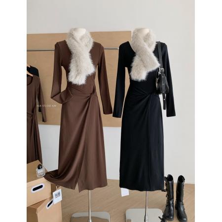 FA47935# 韩系可拆卸毛毛围巾加绒针织连衣裙秋冬新款气质简约高腰显瘦长裙 服裝批發女裝批發服飾貨源