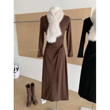 FA47935# 韩系可拆卸毛毛围巾加绒针织连衣裙秋冬新款气质简约高腰显瘦长裙 服裝批發女裝批發服飾貨源