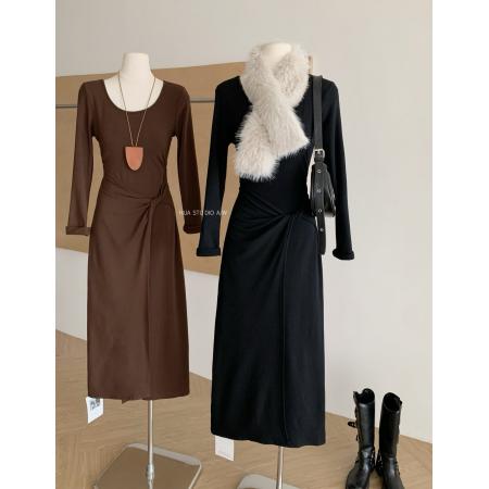 FA47935# 韩系可拆卸毛毛围巾加绒针织连衣裙秋冬新款气质简约高腰显瘦长裙 服裝批發女裝批發服飾貨源