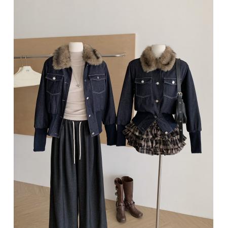 FA47936# 美式复古毛领牛仔短外套女秋冬季辣妹收腰显瘦气质夹棉外搭上衣 服裝批發女裝批發服飾貨源