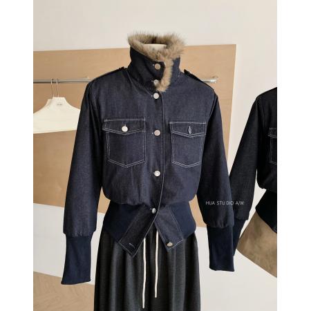 FA47936# 美式复古毛领牛仔短外套女秋冬季辣妹收腰显瘦气质夹棉外搭上衣 服裝批發女裝批發服飾貨源