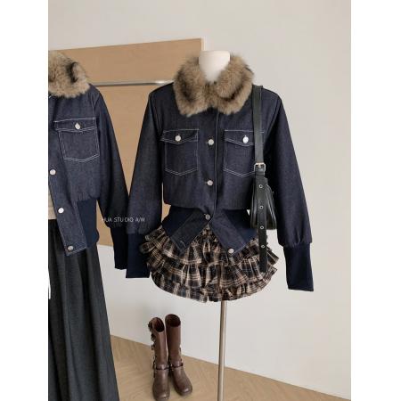 FA47936# 美式复古毛领牛仔短外套女秋冬季辣妹收腰显瘦气质夹棉外搭上衣 服裝批發女裝批發服飾貨源