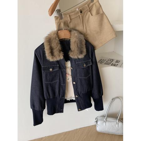 FA47936# 美式复古毛领牛仔短外套女秋冬季辣妹收腰显瘦气质夹棉外搭上衣 服裝批發女裝批發服飾貨源