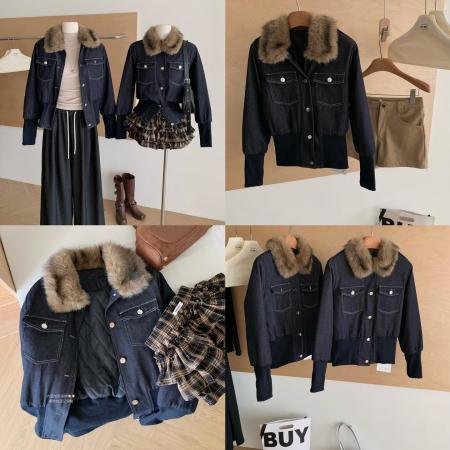 FA47936# 美式复古毛领牛仔短外套女秋冬季辣妹收腰显瘦气质夹棉外搭上衣 服裝批發女裝批發服飾貨源