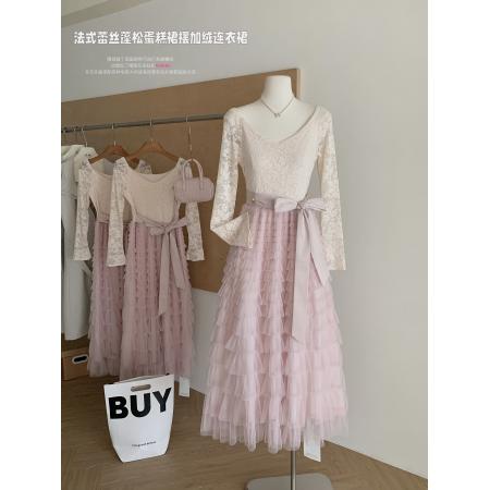 FA47937# 猫年粉荔漫舞复古法式蕾丝蓬松蛋糕裙摆连衣裙加绒 服裝批發女裝批發服飾貨源