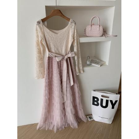 FA47937# 猫年粉荔漫舞复古法式蕾丝蓬松蛋糕裙摆连衣裙加绒 服裝批發女裝批發服飾貨源