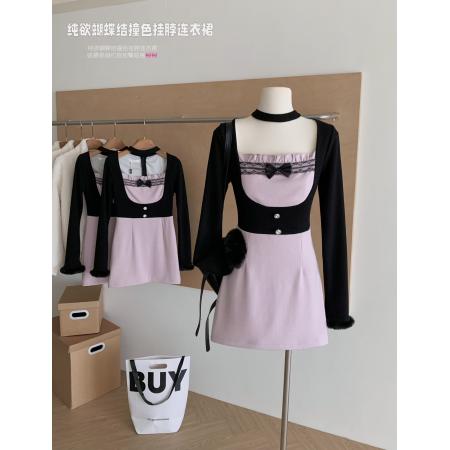 FA47938# 森女系原创想去海边甜心布蕾甜酷少女粉紫连衣裙修身显瘦 服裝批發女裝批發服飾貨源