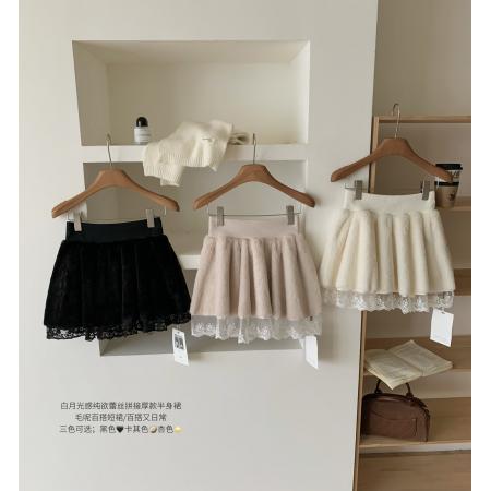 FA47939# 晴冬莓果白月光感纯欲蕾丝拼接厚款半身裙毛呢百搭短裙 服裝批發女裝批發服飾貨源