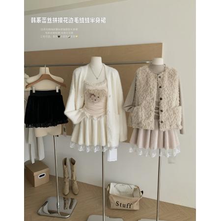 FA47939# 晴冬莓果白月光感纯欲蕾丝拼接厚款半身裙毛呢百搭短裙 服裝批發女裝批發服飾貨源